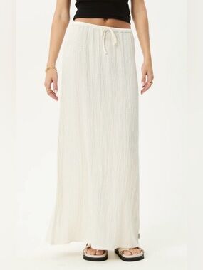 Joie Maxi Skirt Beige XL Crinkle Pleat Elastic Drawstring Waist Tan Long Pockets